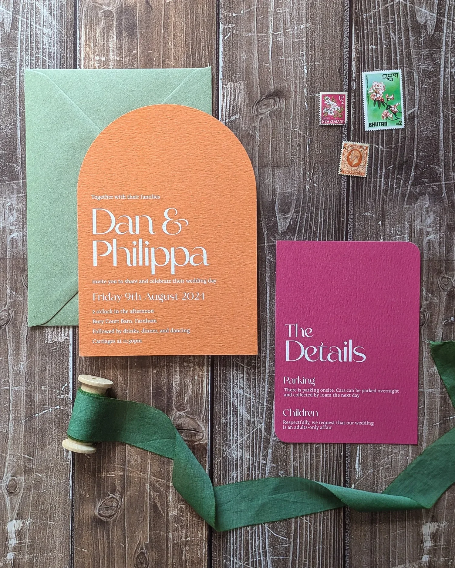 Colour blocked wedding stationery in a bold colour palette