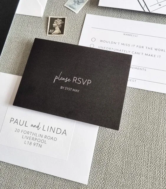 Minimal Monochrome RSVP cards with a printed return-addressed envelope