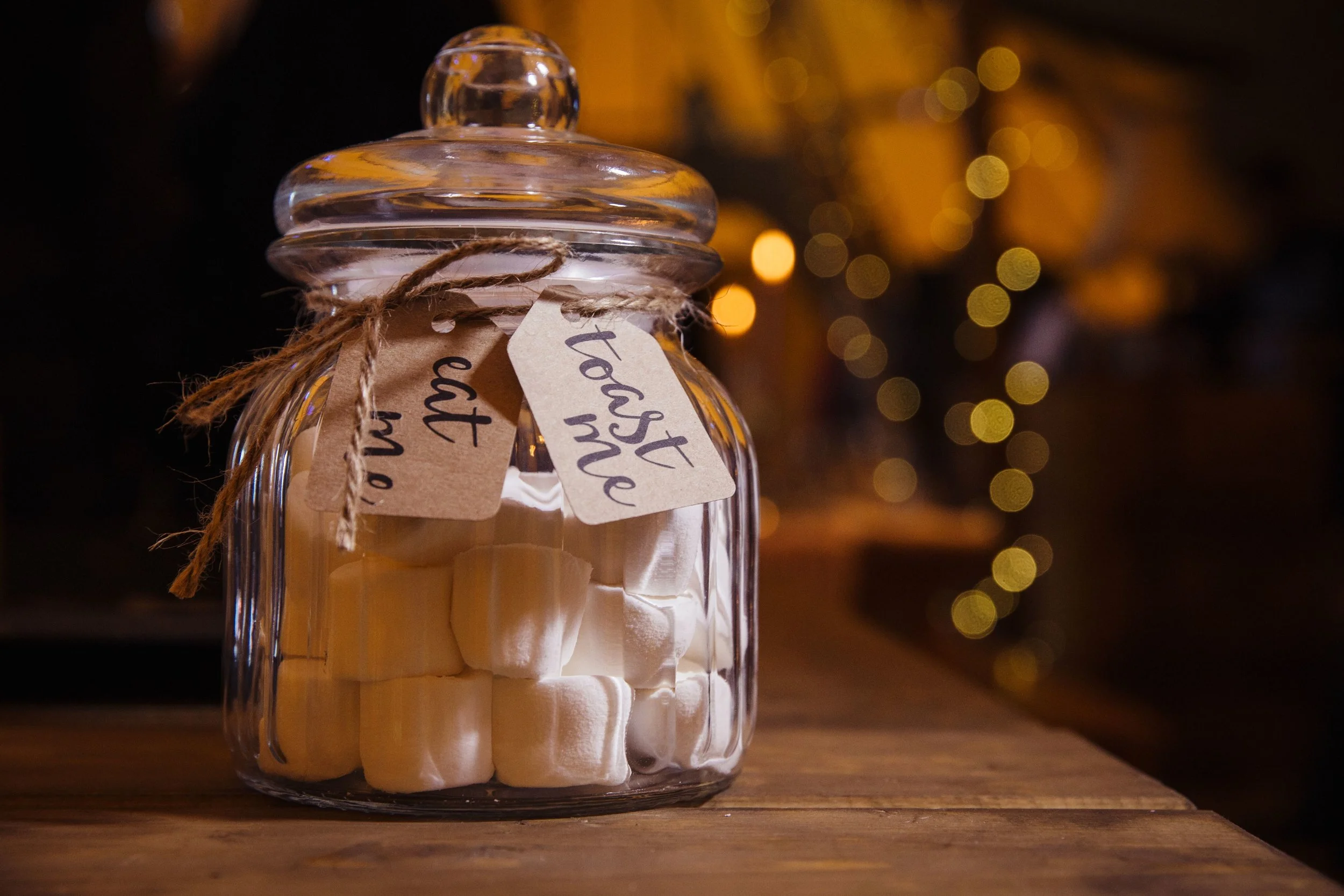 Marshmallow bar sign at Alice and Steve's tipi wedding