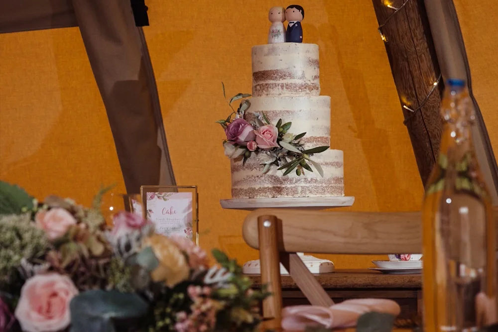 3 tier naked cake at Alice and Steve's tipi wedding