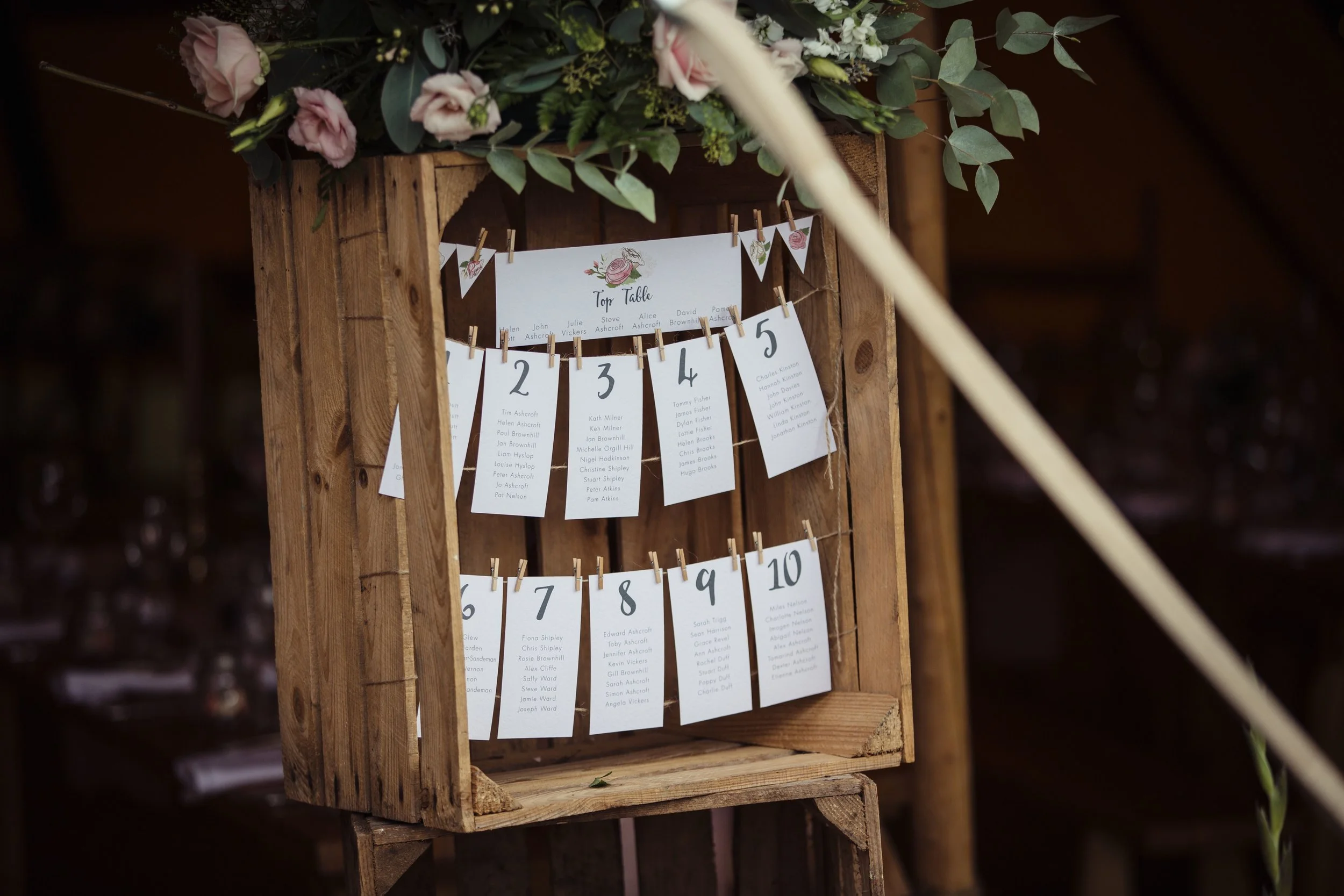 Vintage crate table plan at Alice and Steve's tipi wedding