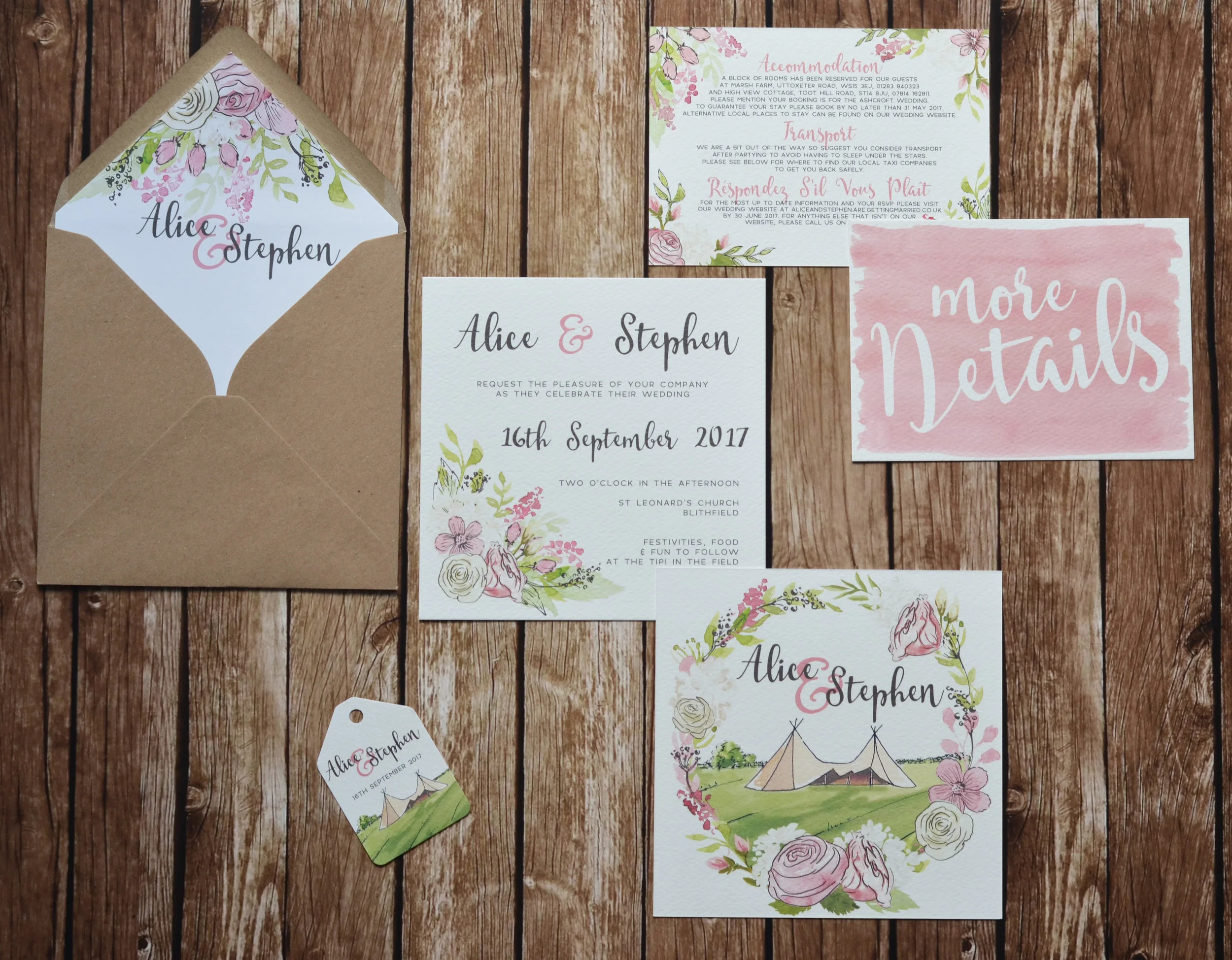 Alice and Steve's bespoke tipi wedding invitation suite