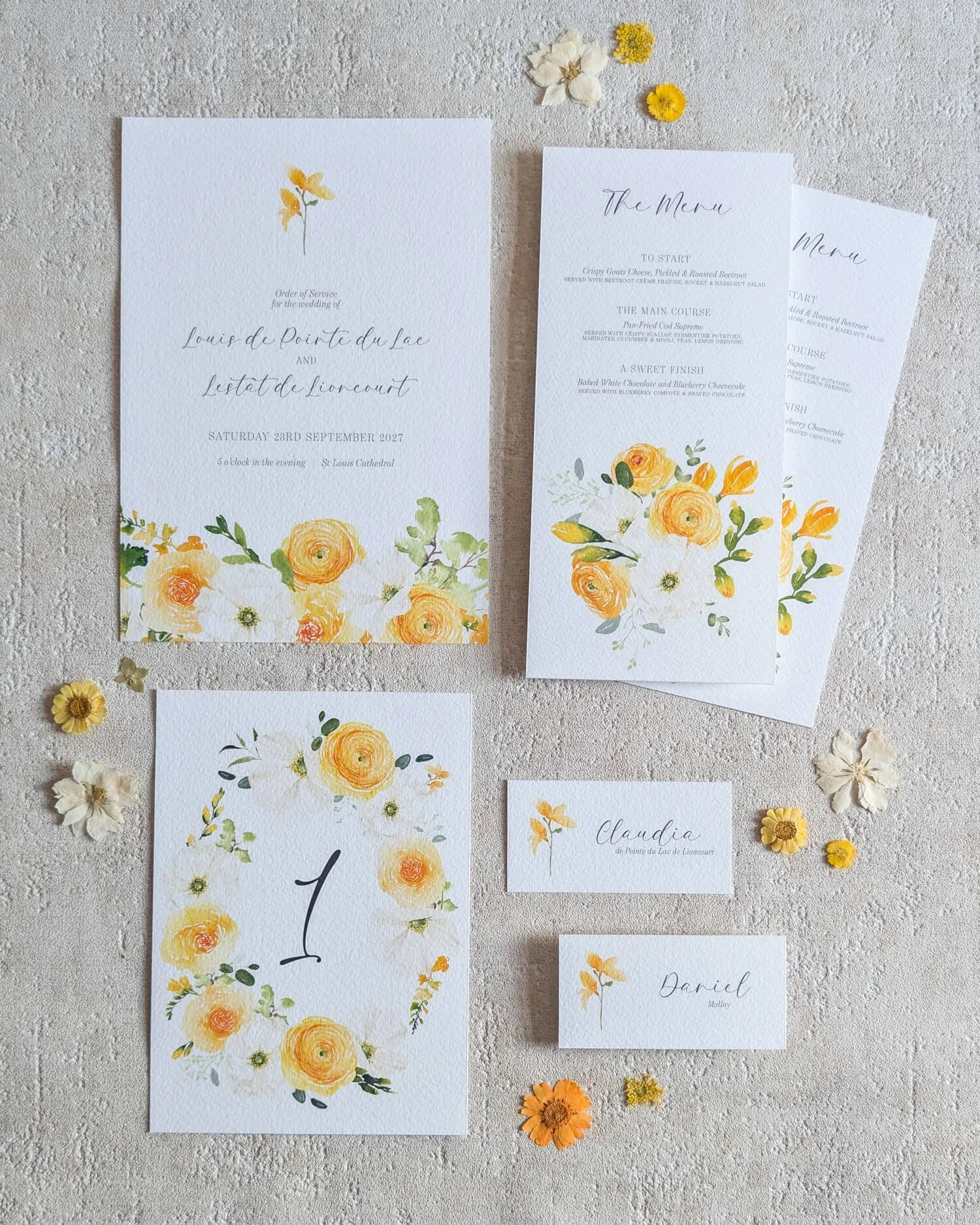 Butter Yellow floral on the day stationery, place cards, table numbers, menu cards, order of service