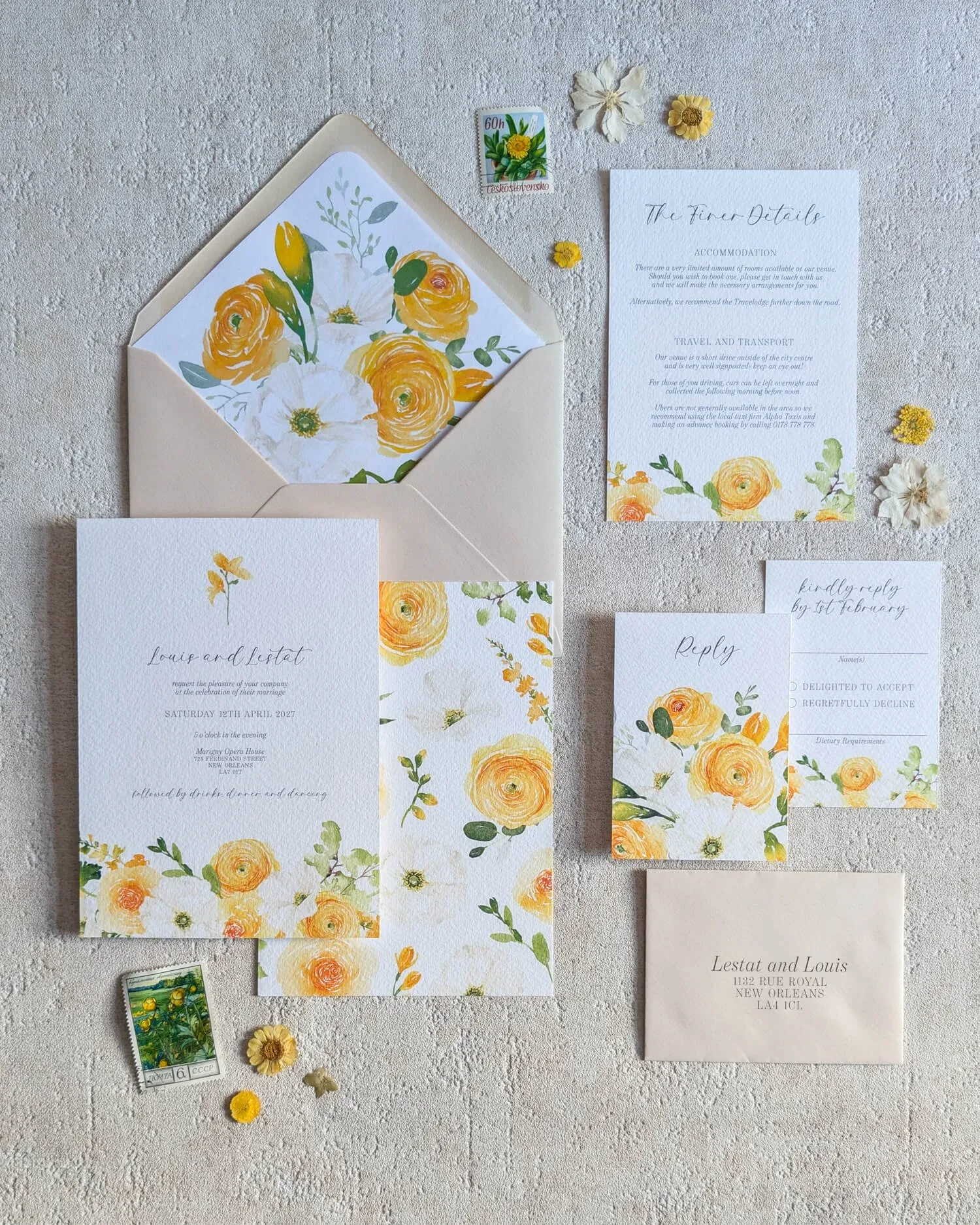 Butter Yellow floral wedding invitations