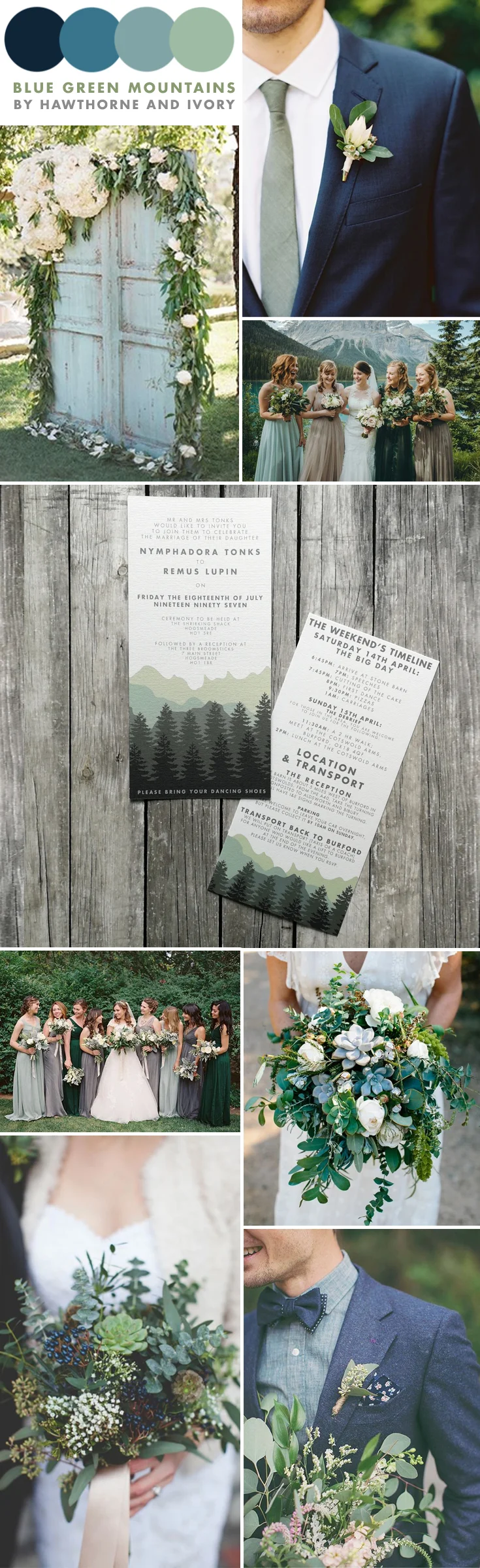 Blue and green mountain outdoor wedding moodboard