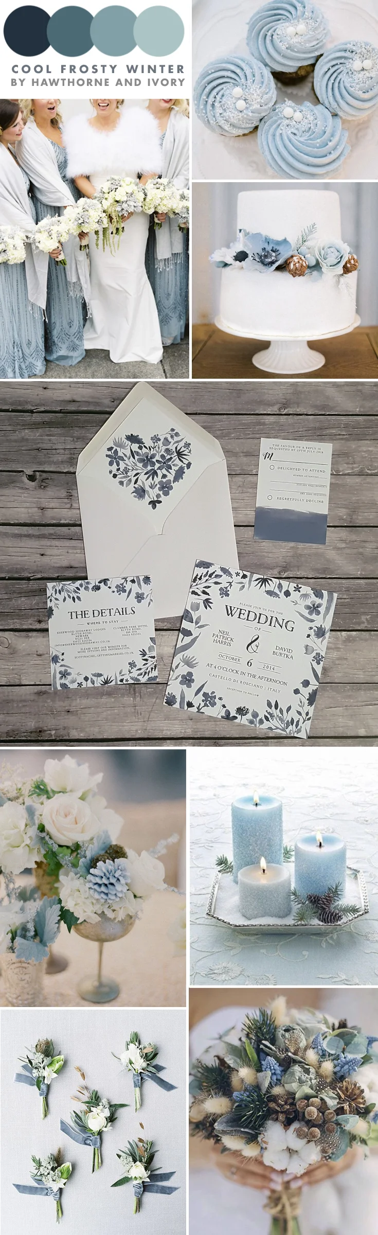 Cool frosty winter blue wedding moodboard