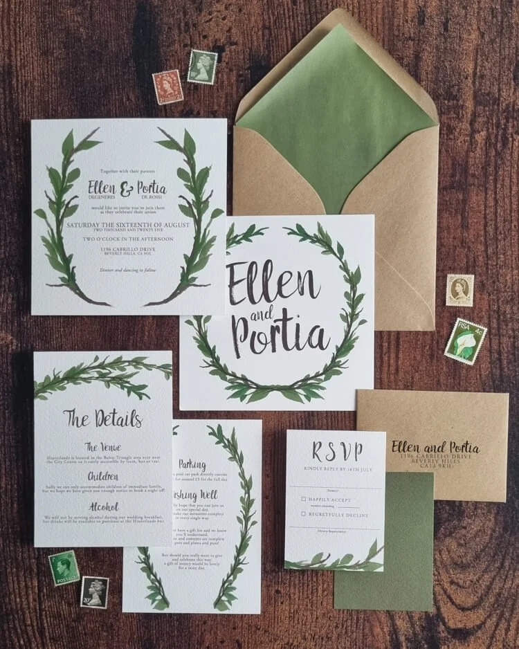 Rustic woodland destination wedding invitations