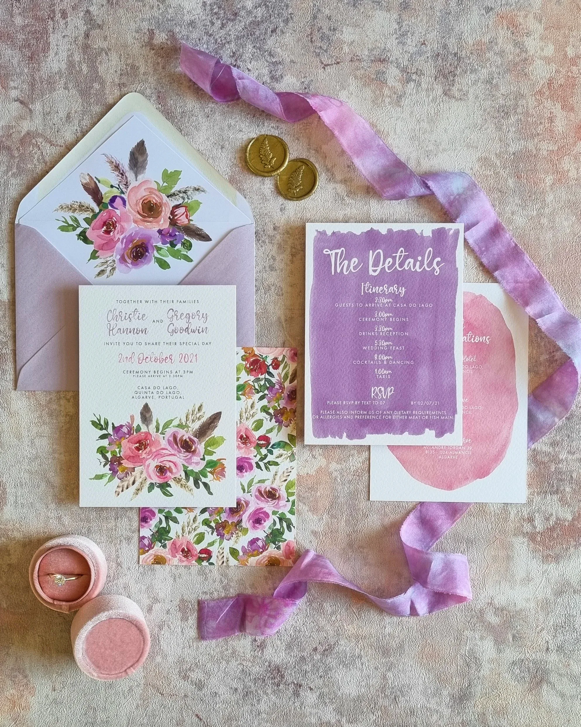 Bespoke Portuguese destination wedding stationery with pampas grass