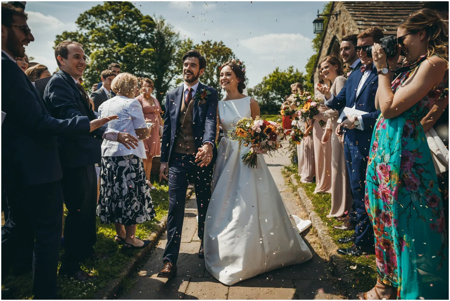 Jo and Tom on their wedding day at The Out Barn, Clough Bottom