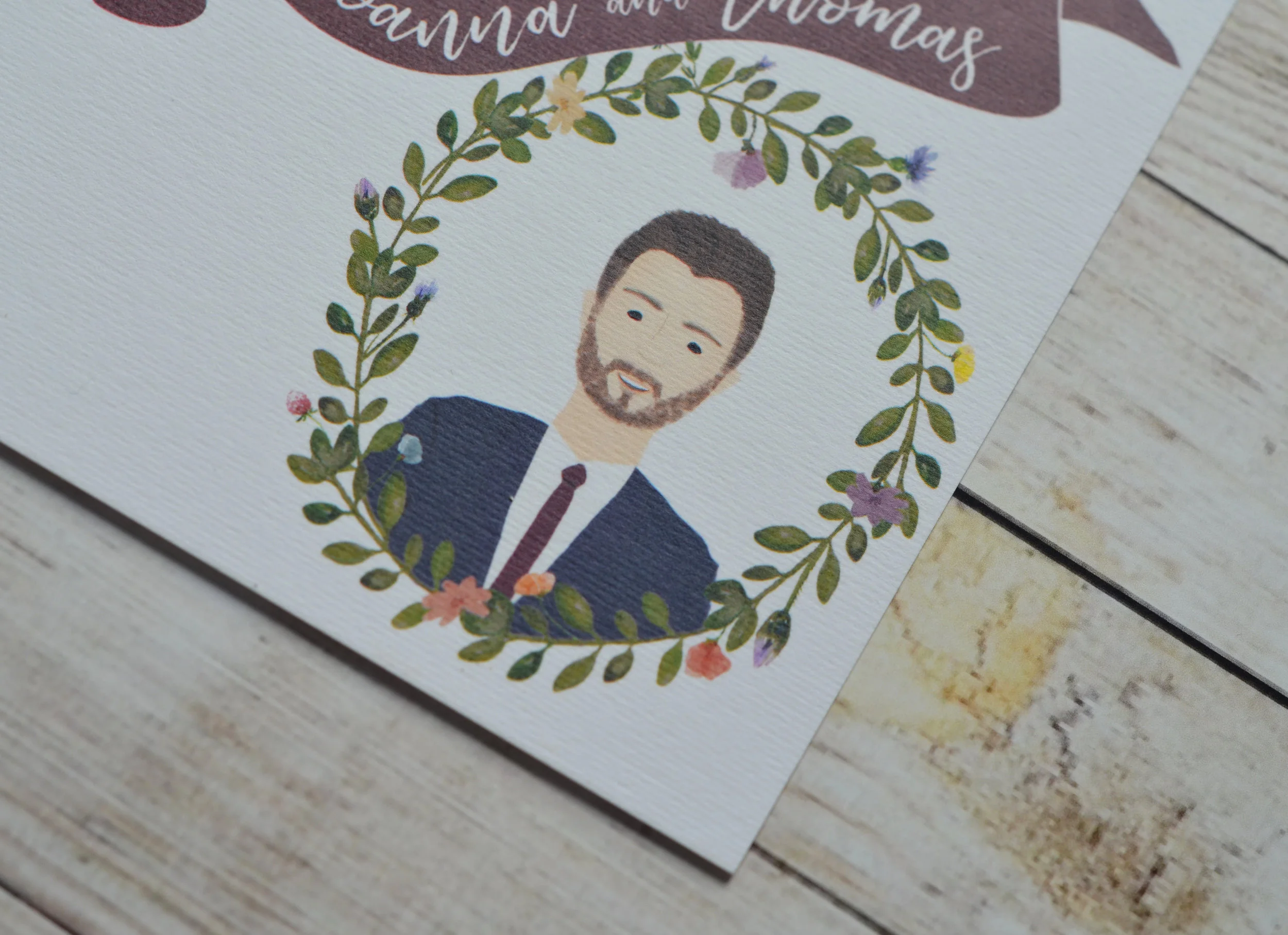 Second illustrated portrait detail from Jo and Tom's bespoke wedding stationery