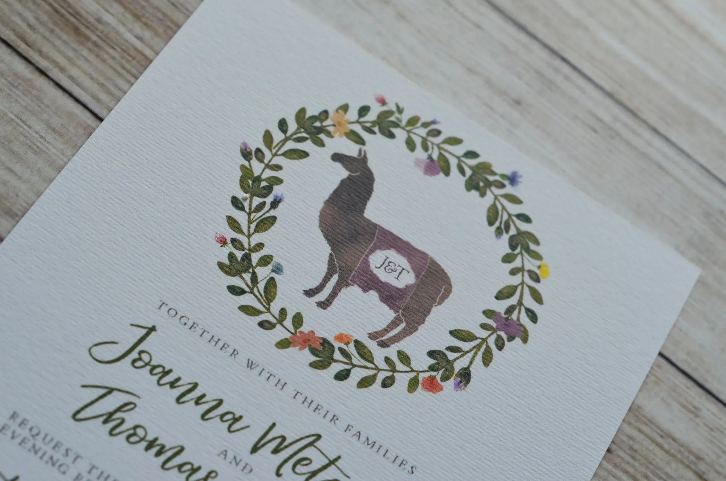 Bespoke wedding stationery featuring a hand-illustrated llama design