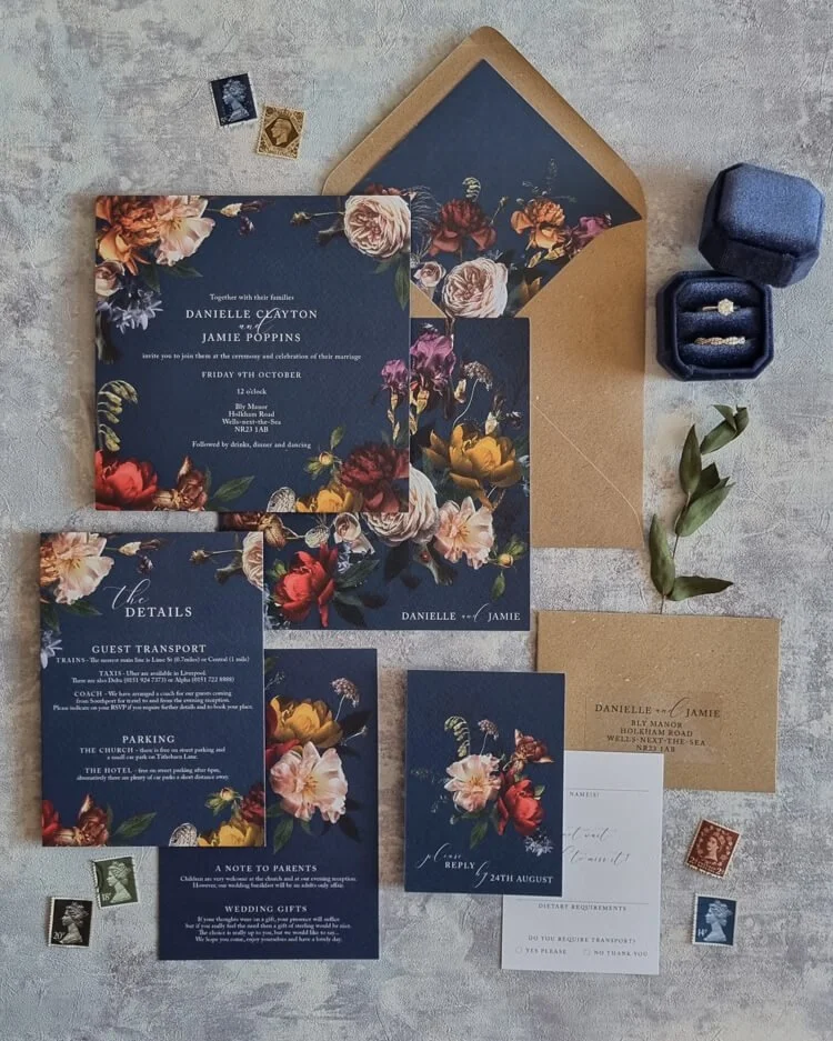 Dutch masters floral navy blue floral jewel tone wedding stationery set