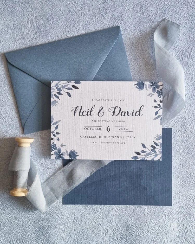 China blue floral save the dates. dusty blue wedding invitations