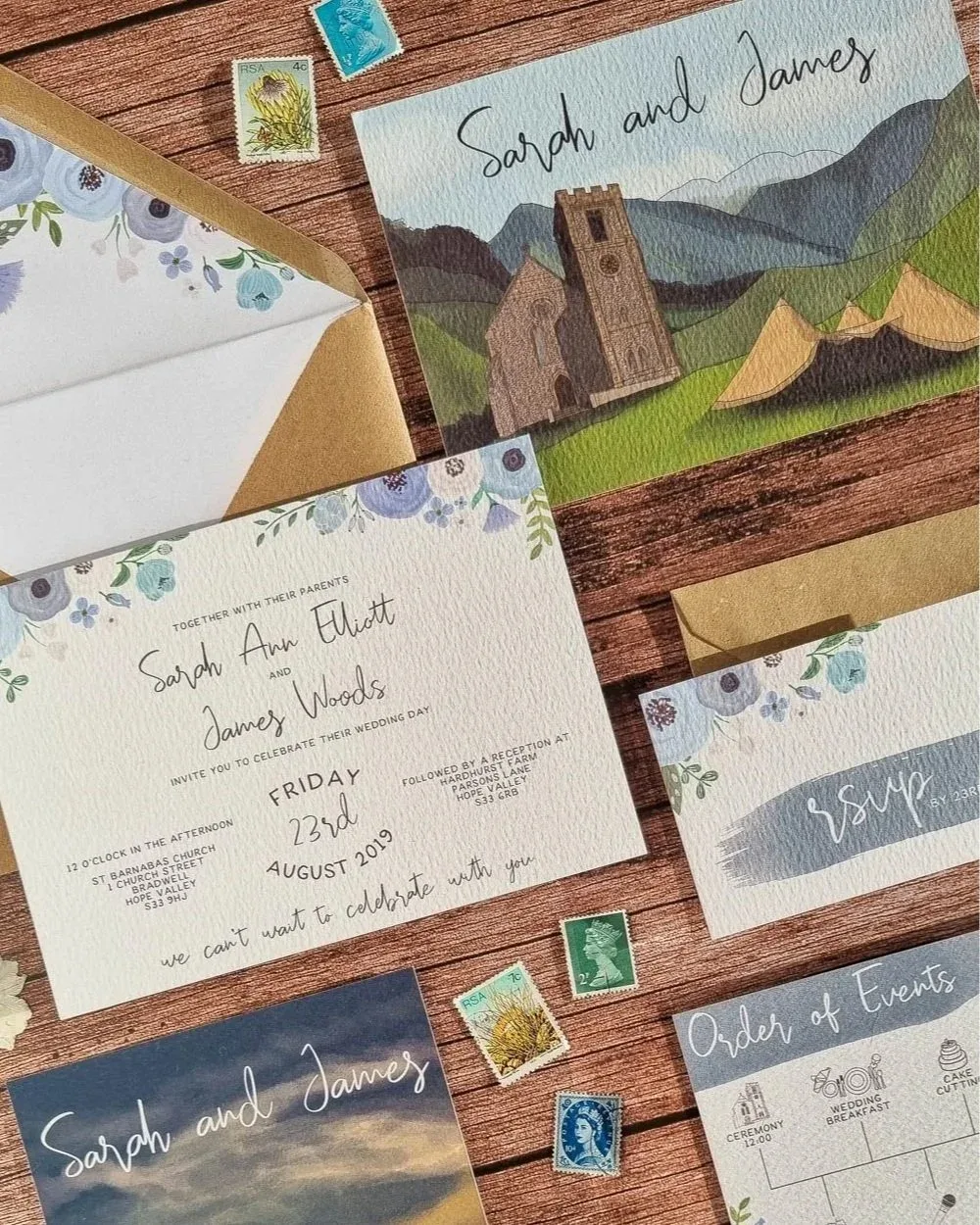Bespoke blue wedding stationery from a Peak District wedding