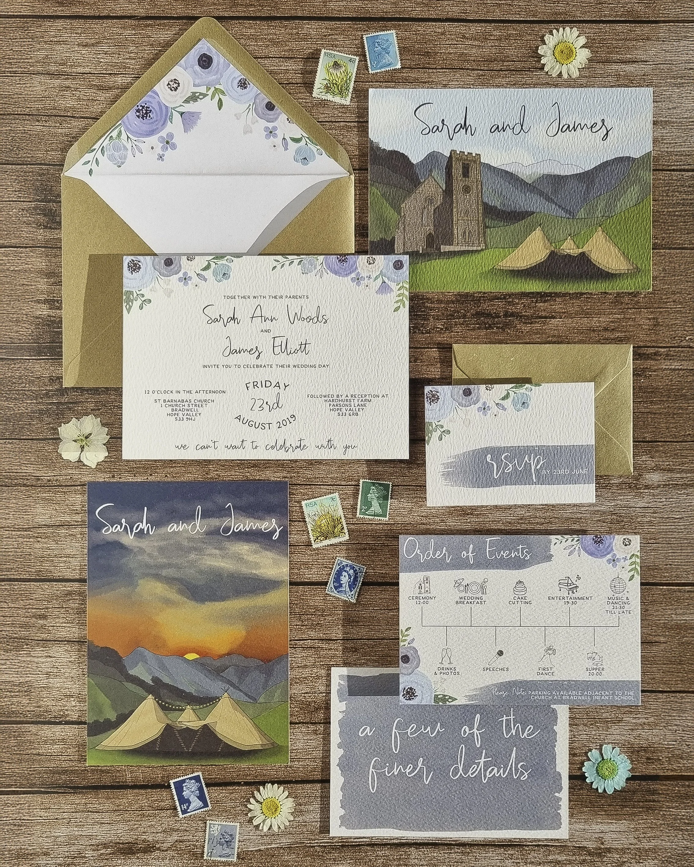 Bespoke peak district inspired wedding invitation with custom illustrations