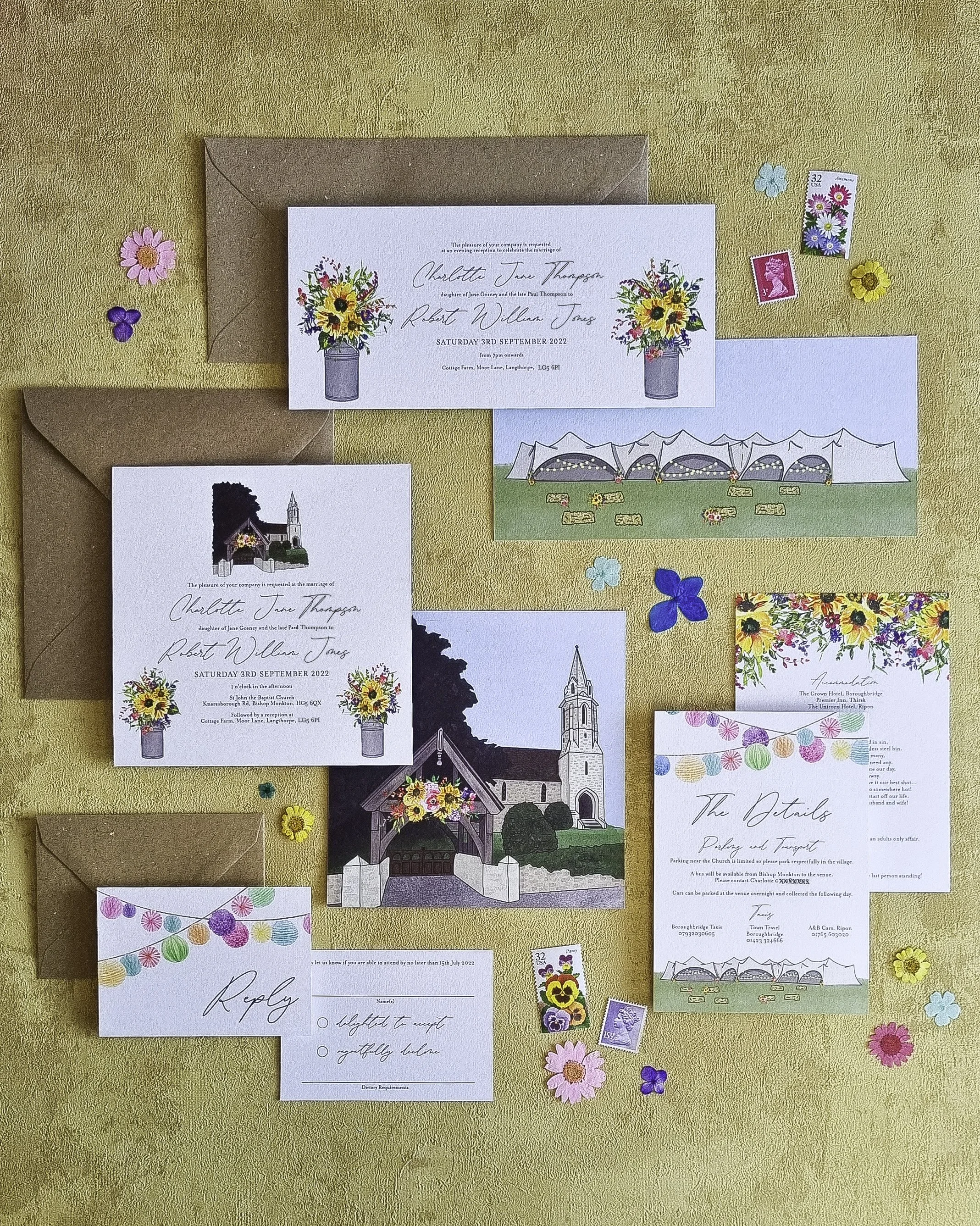 Bespoke illustrated wedding invitation suite with subtle dairy farm touches
