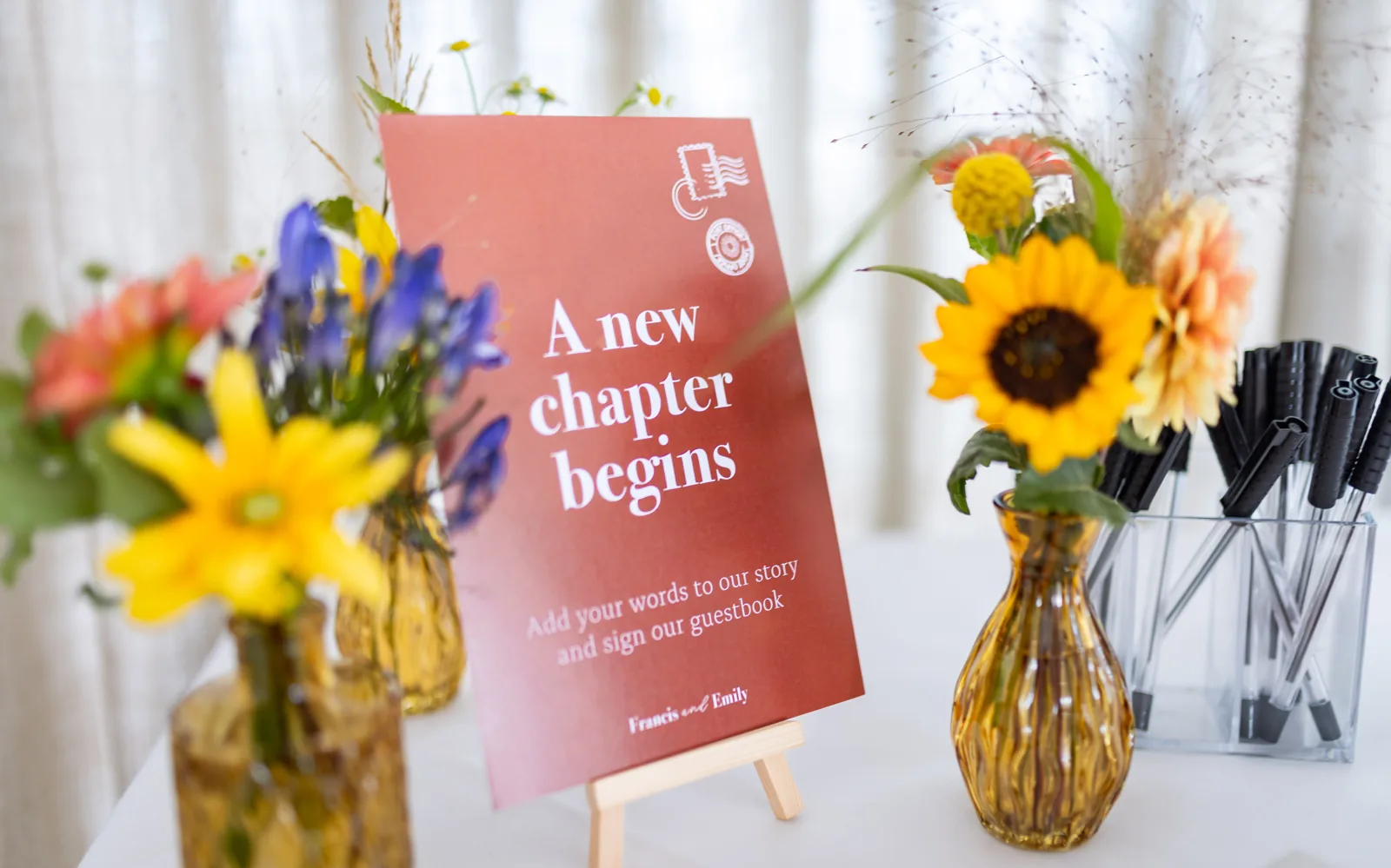 Literary wedding guestbook sign styled as a book chapter