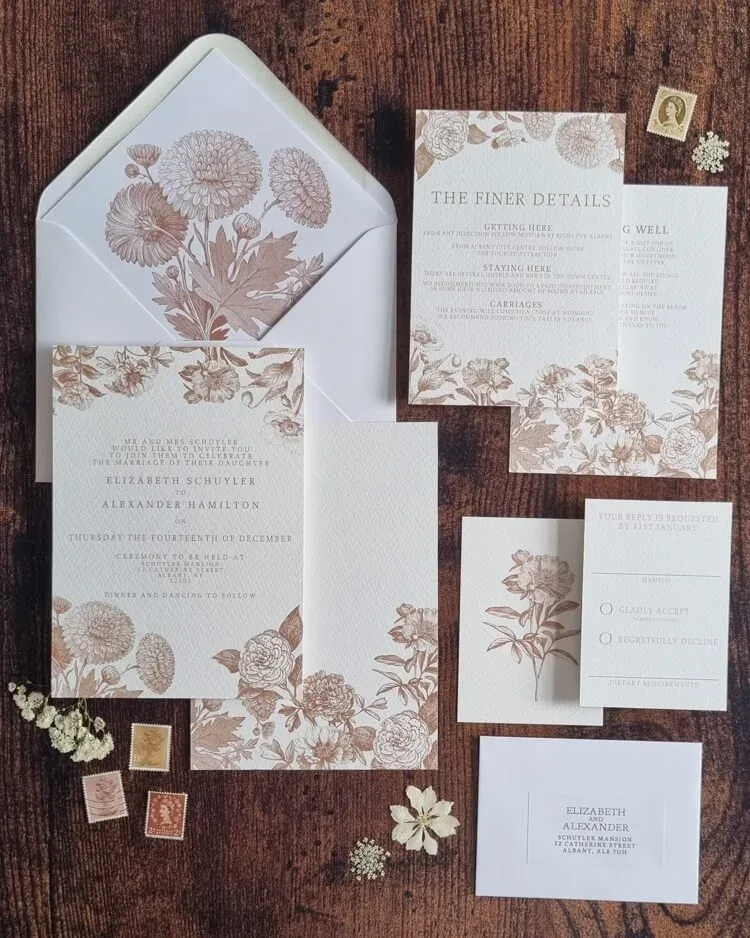 Victoriana poetcore wedding invitation suite with vintage botanical illustrations and classic typography