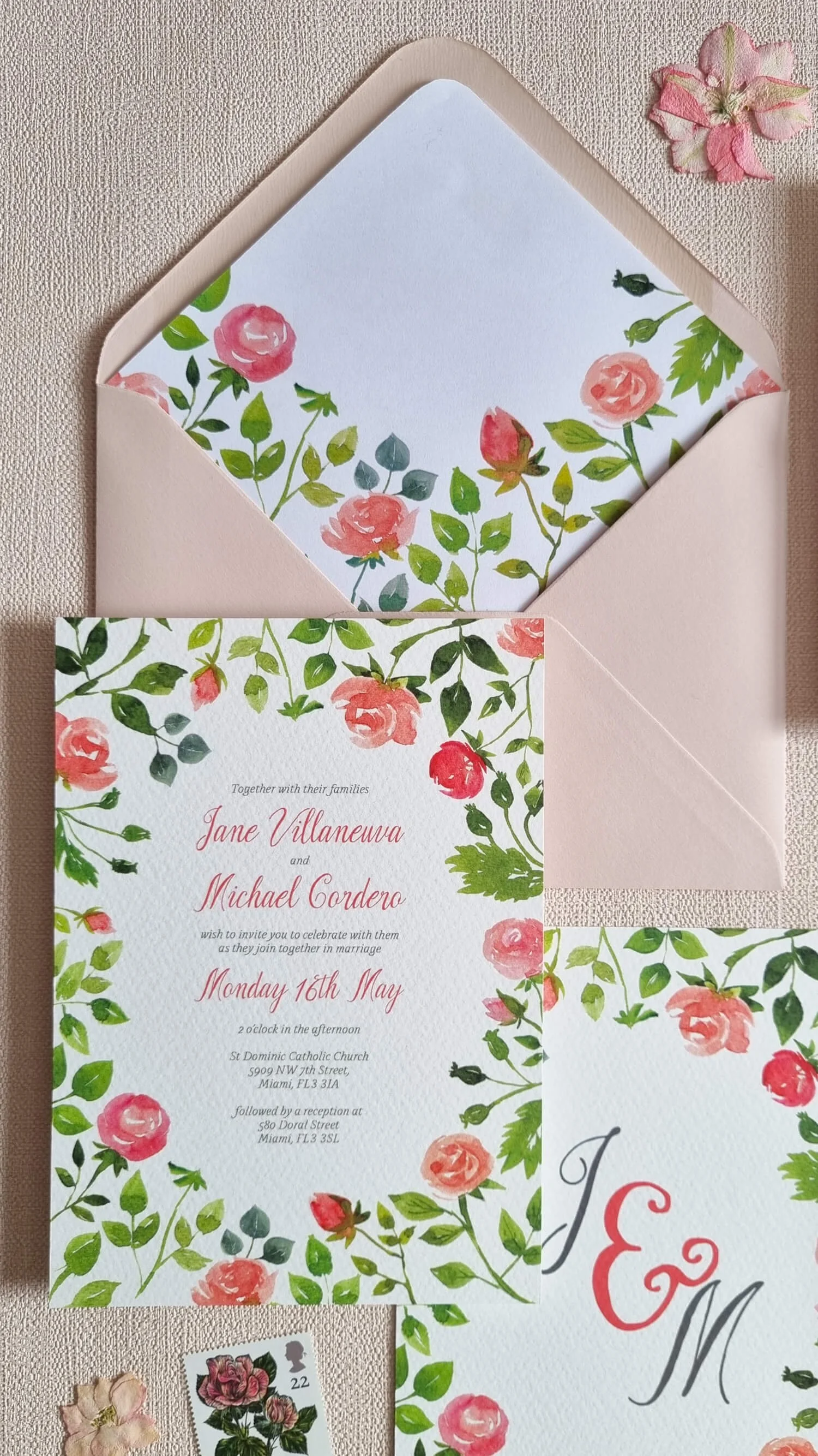 Rose Garden wedding invitations with lined blush pink envelopes