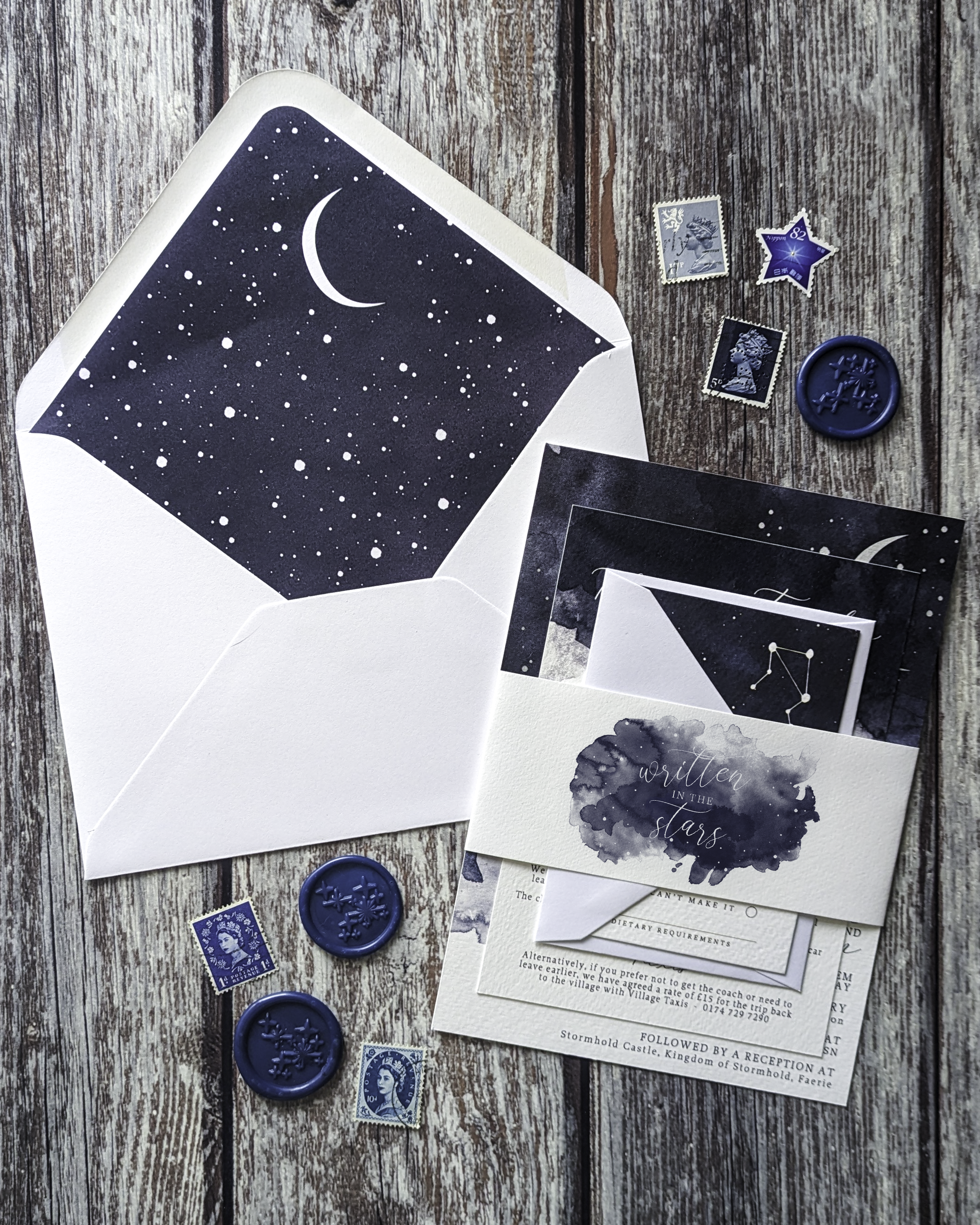 Starry night wedding invitations with celestial wax seals