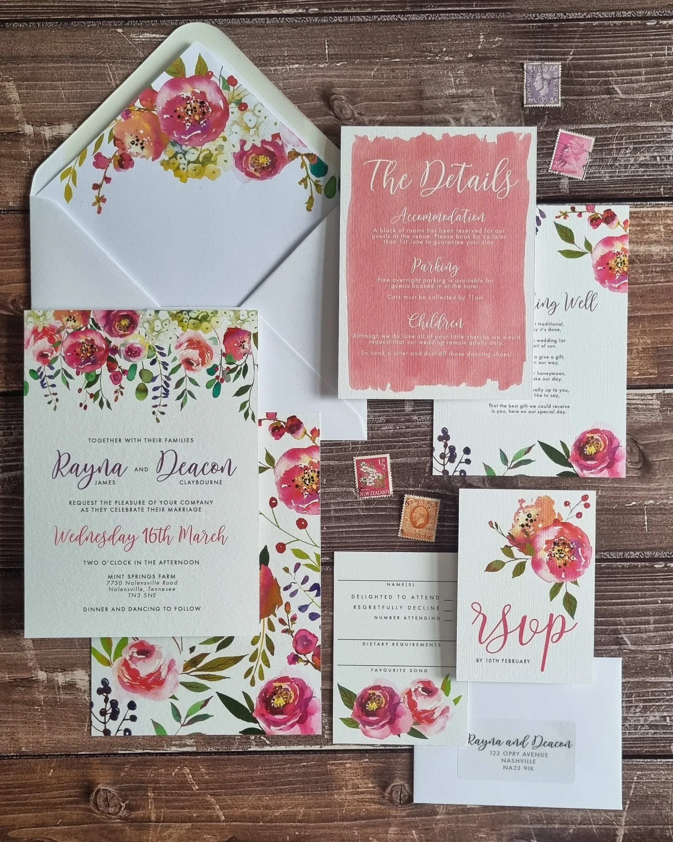 Summer wedding wedding stationery with bright and colourful florals, watercolour wedding invitations for a july wedding