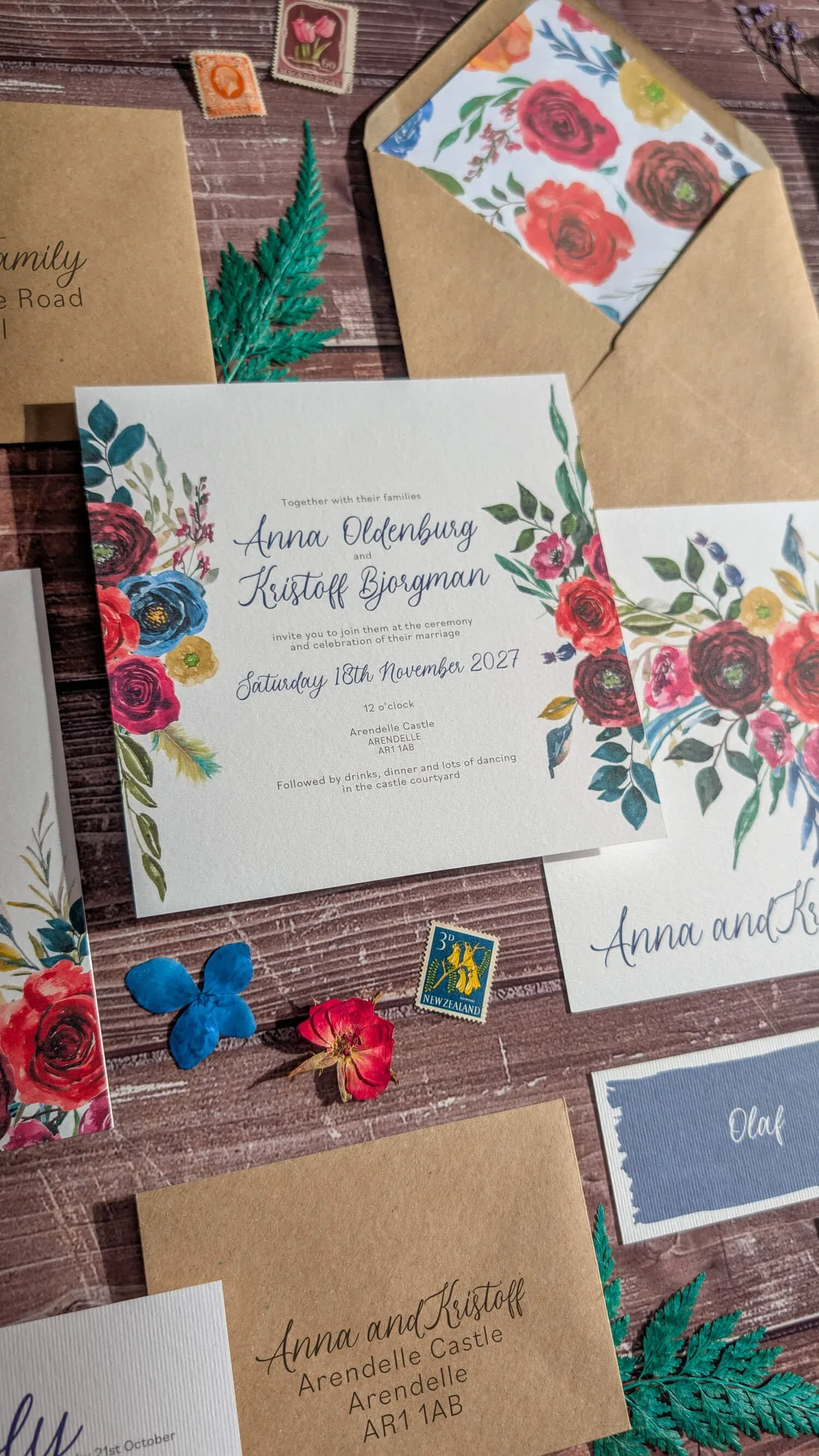 Hawthorne and Ivory Bejewelled Blooms invitation wedding details card and envelope liner suite flat lay