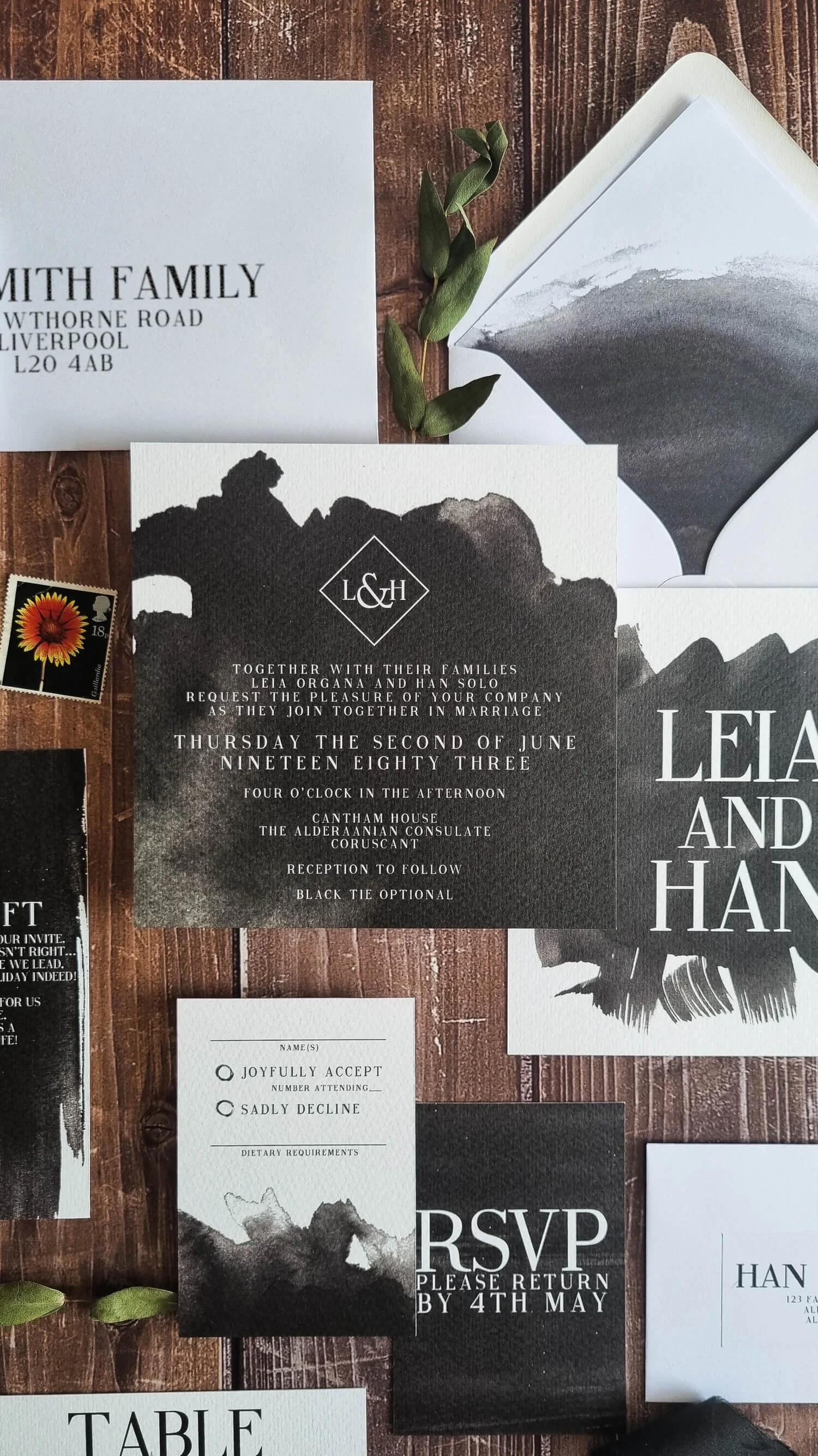 Black Brushstrokes Wedding Invitation Suite