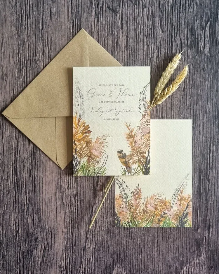 Bohemian Pampas save the date card by Hawthorne and Ivory
