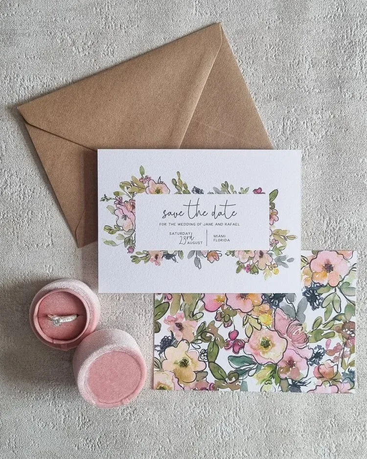 Modern Pastel Blooms save the date card by Hawthorne and Ivory