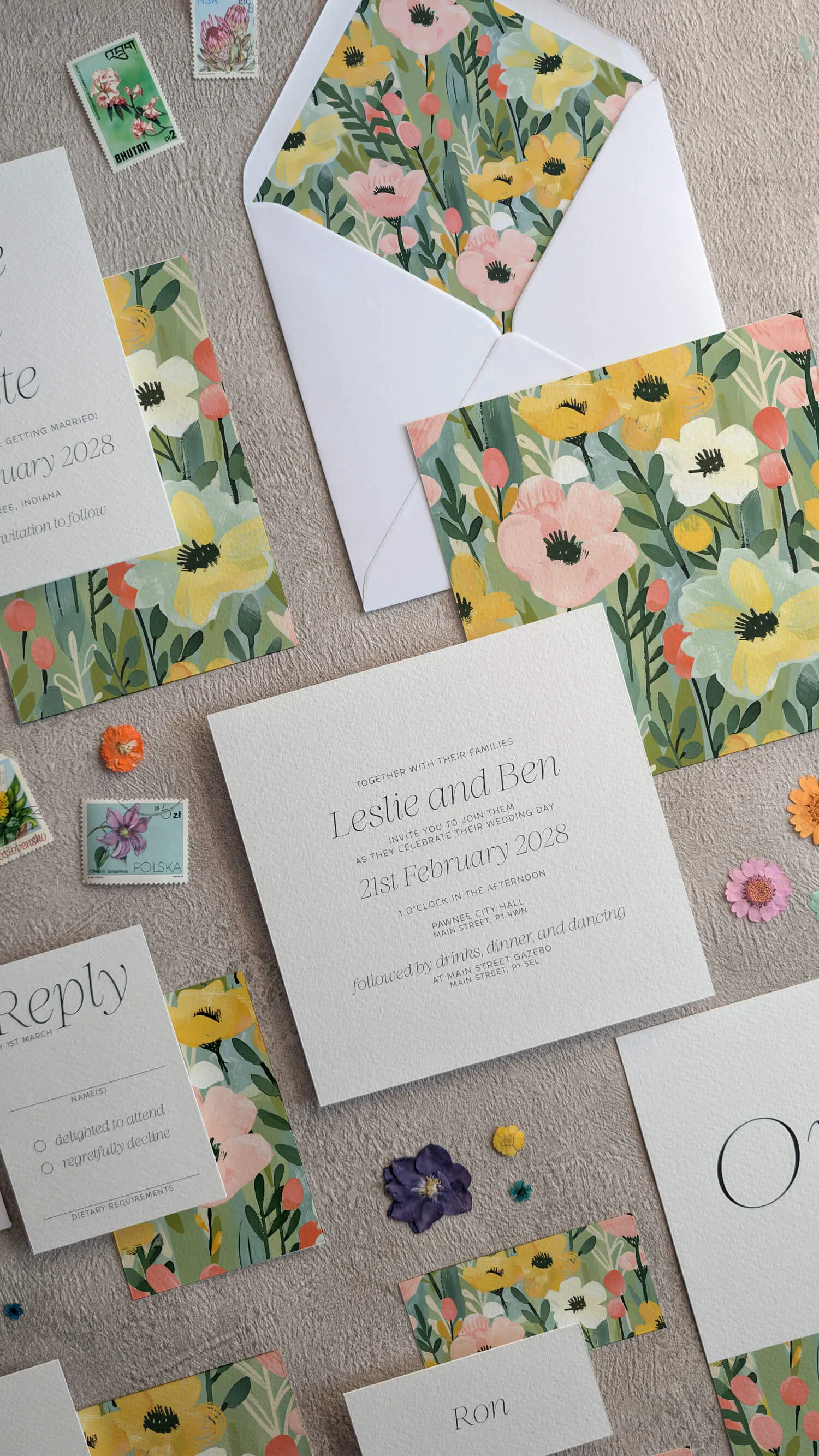 Studio Floral wedding invitation suite showing envelope liner with colourful wildflower pattern