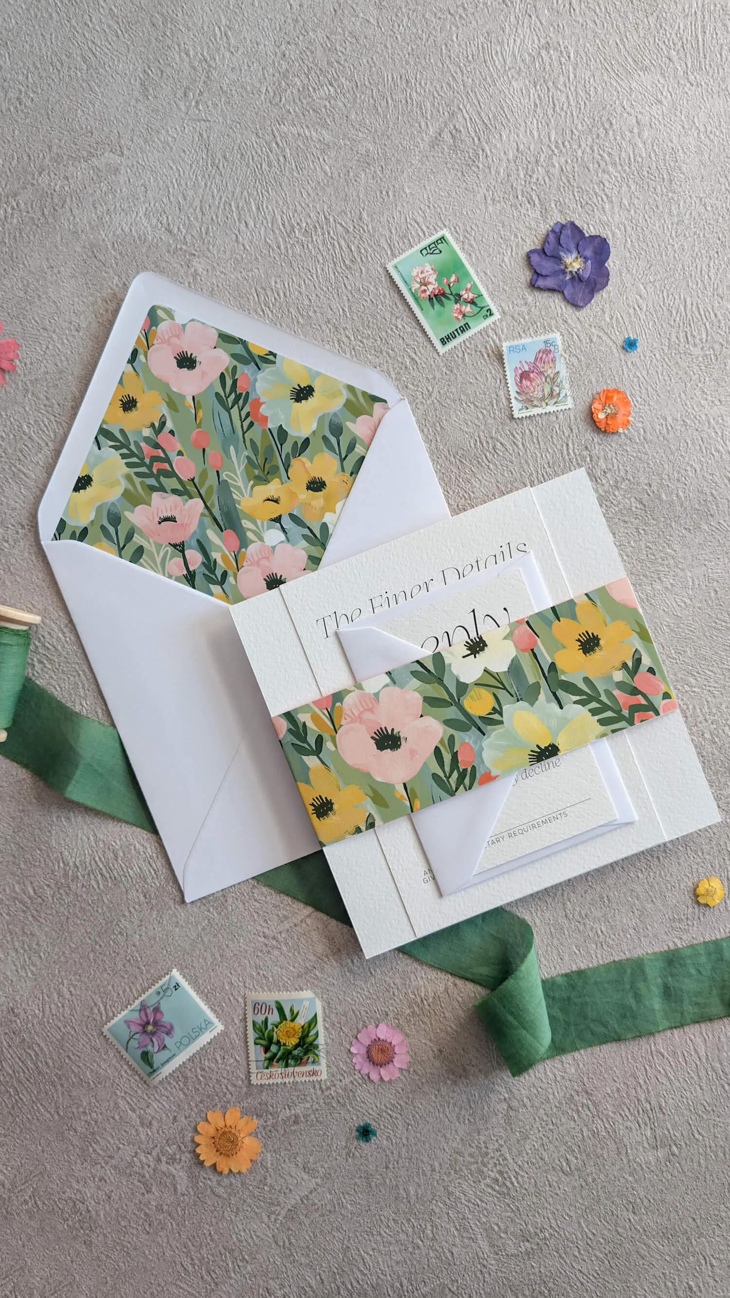 Studio Floral wedding details card with yellow pink and white flower border design