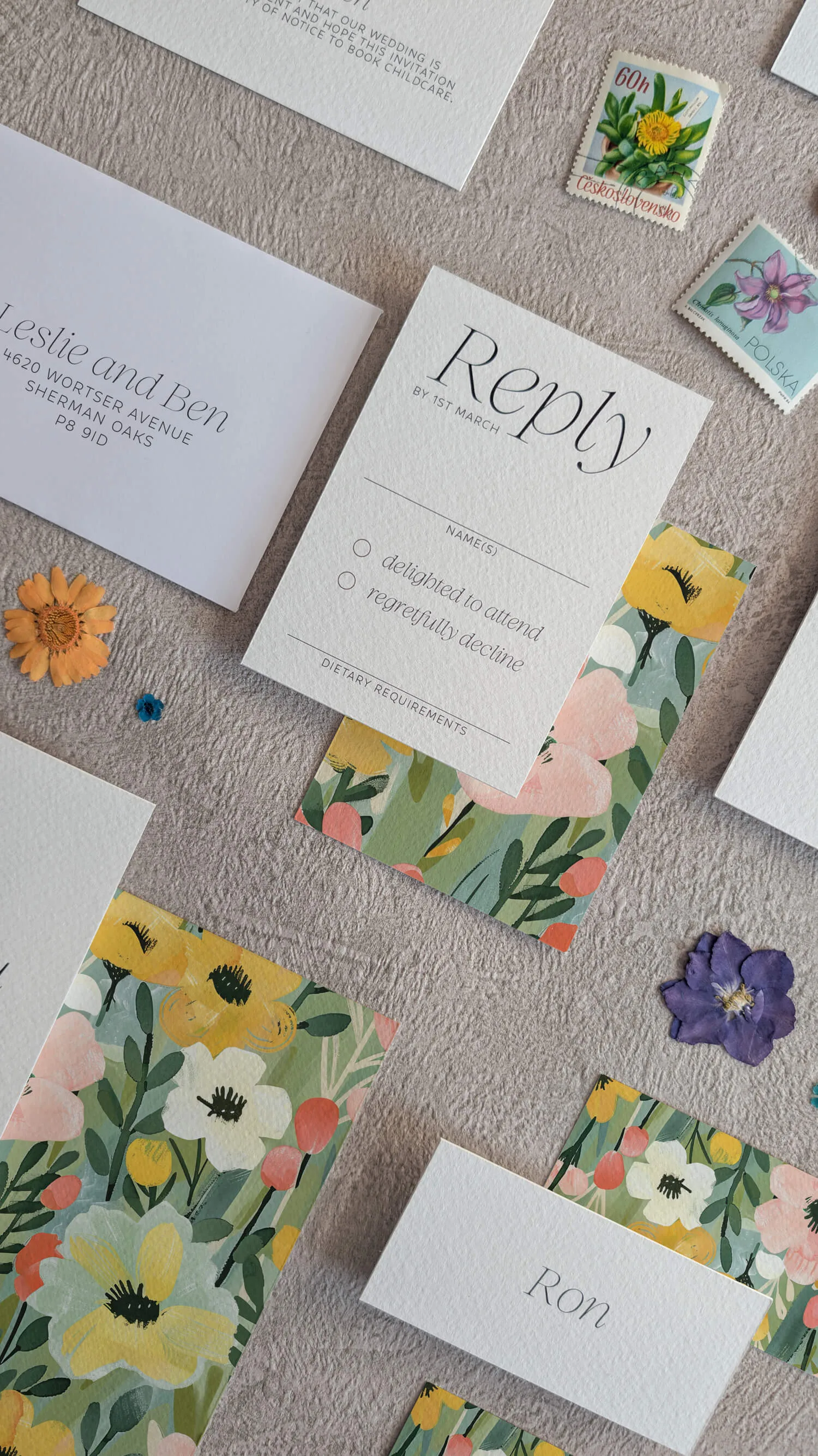 Studio Floral wedding RSVP card and place card with floral border detail