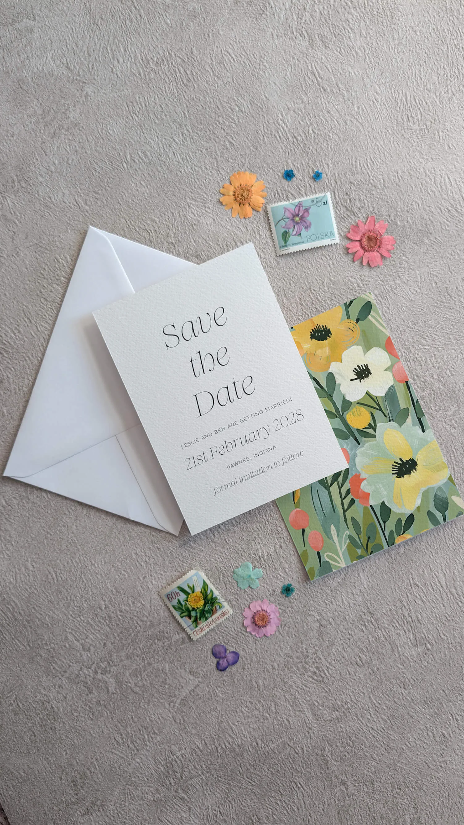 Hawthorne and Ivory Studio Floral wedding save the date card with yellow pink and orange wildflower design