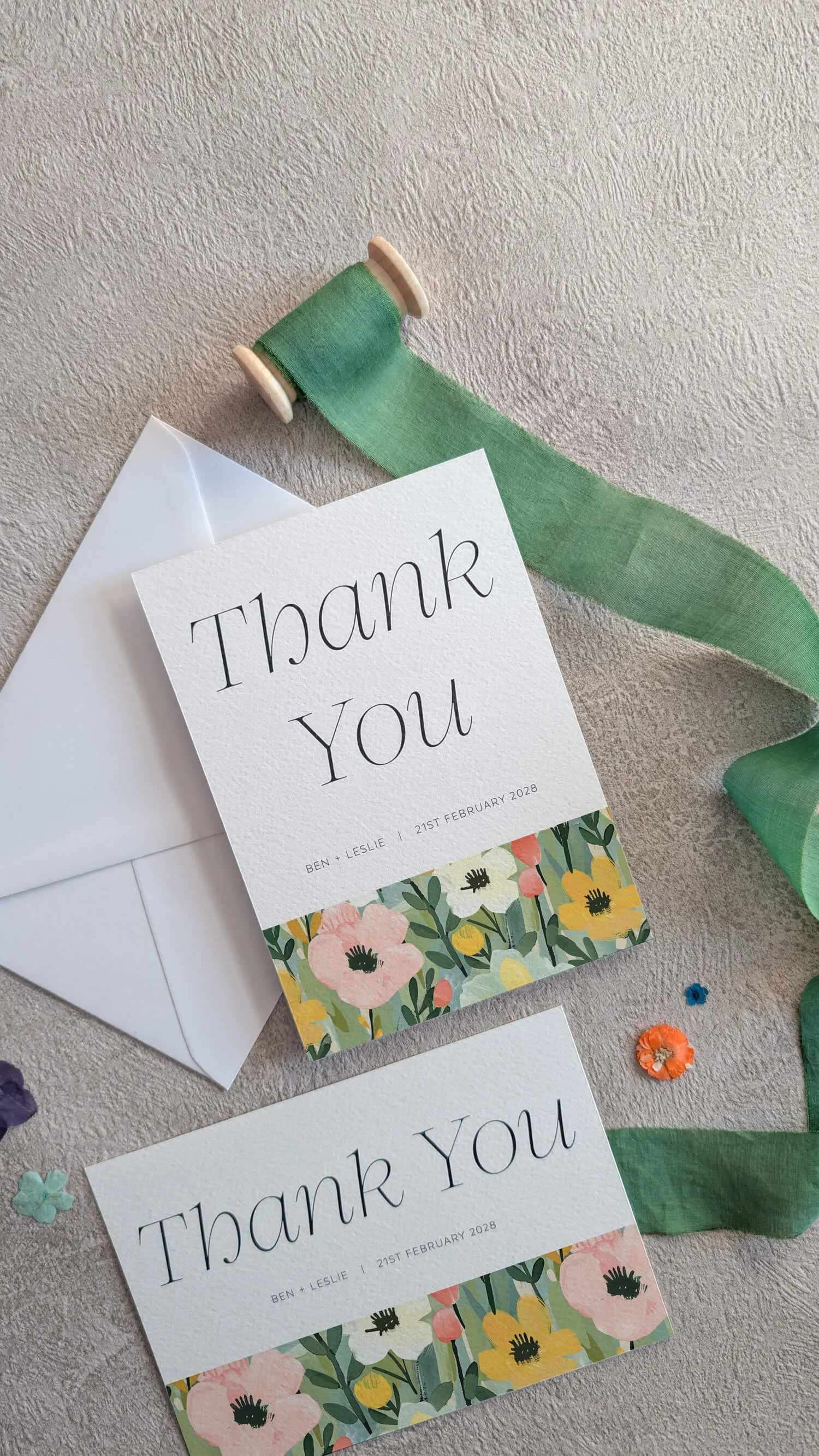 Studio Floral wedding thank you card with yellow and pink flower border design